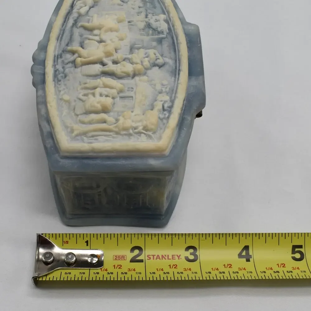 Vintage Genuine Incolay Stone Jewelry Box Blue Cream Marbled Trinket Keepsake